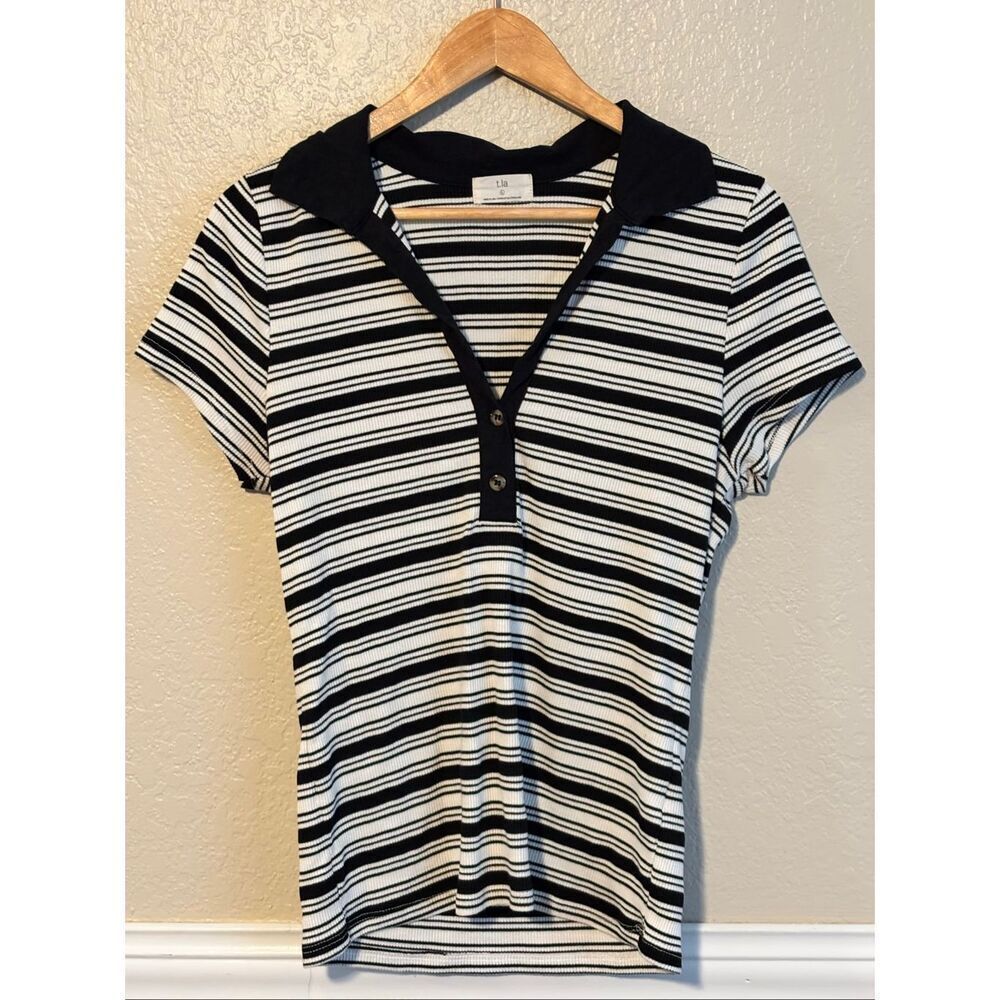T.La Black and White Striped Short Sleeve Polo Tee